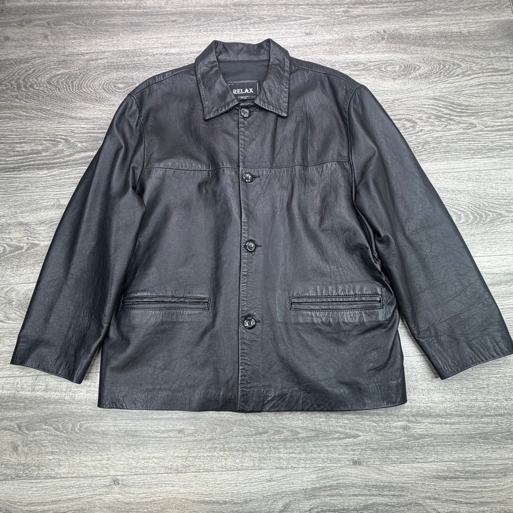 Vintage Vera Pelle Leather Car Coat Mens XXL Black Button Front Italy Made 90s